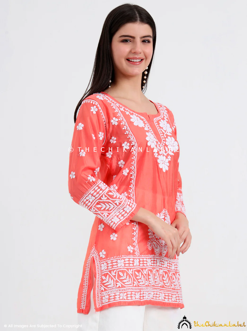 Idra Chanderi Chikankari Short Top - Orange - Image 4