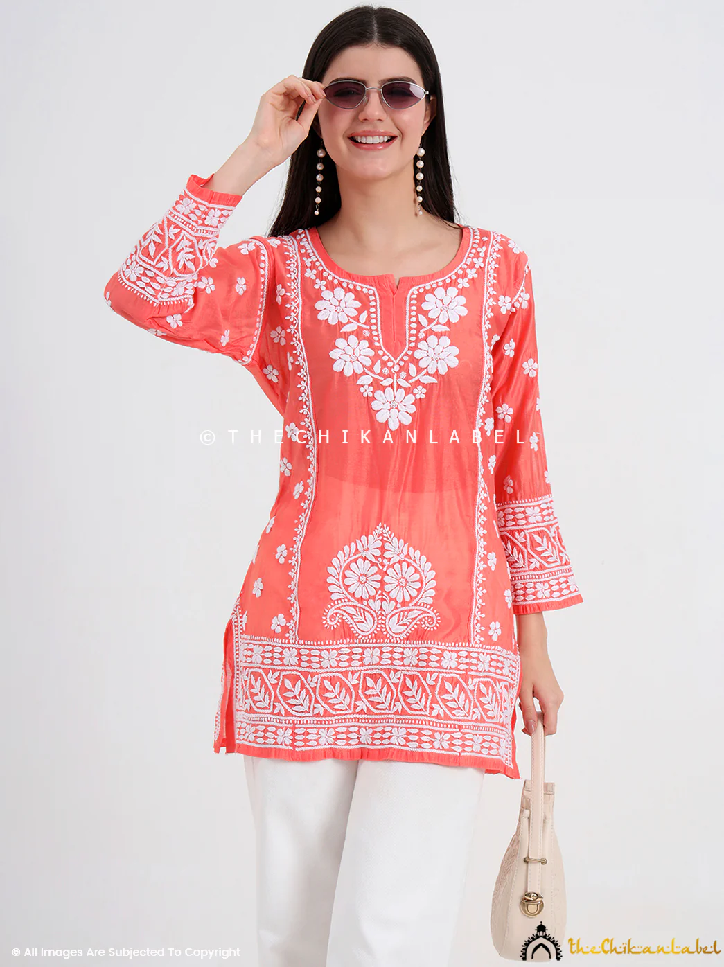 Idra Chanderi Chikankari Short Top - Orange - Image 6