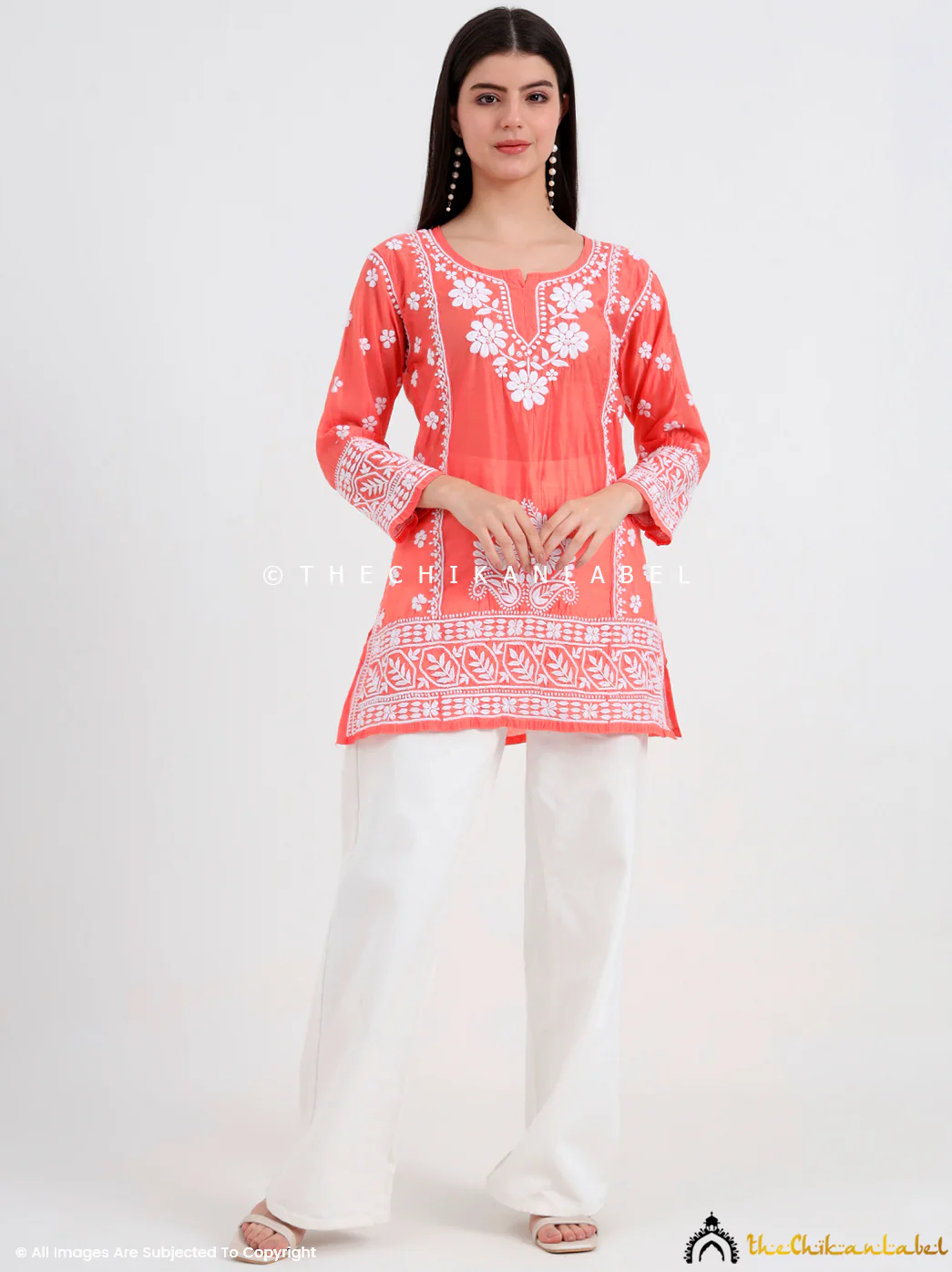 Idra Chanderi Chikankari Short Top - Orange - Image 7