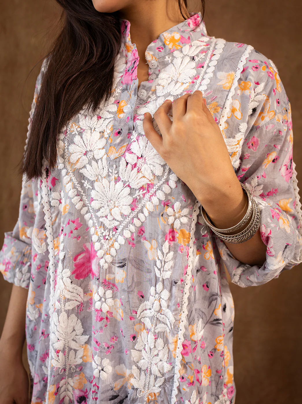 Orange Mulmul Chikankari Farshi Salwar Set - Image 2