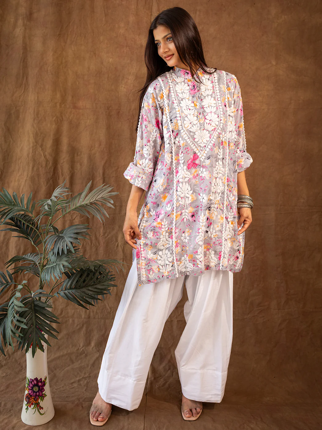 Orange Mulmul Chikankari Farshi Salwar Set - Image 4
