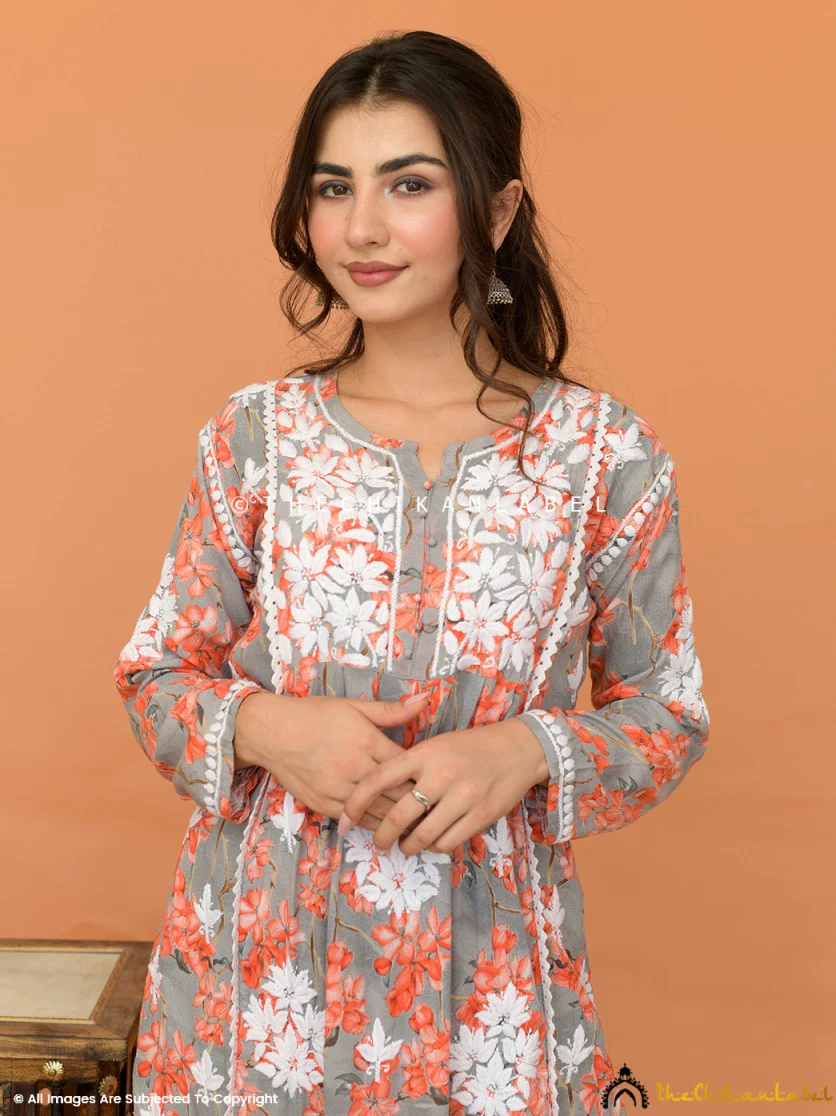 Nyra Modal Chikankari Kurta Set - Orange - Image 2