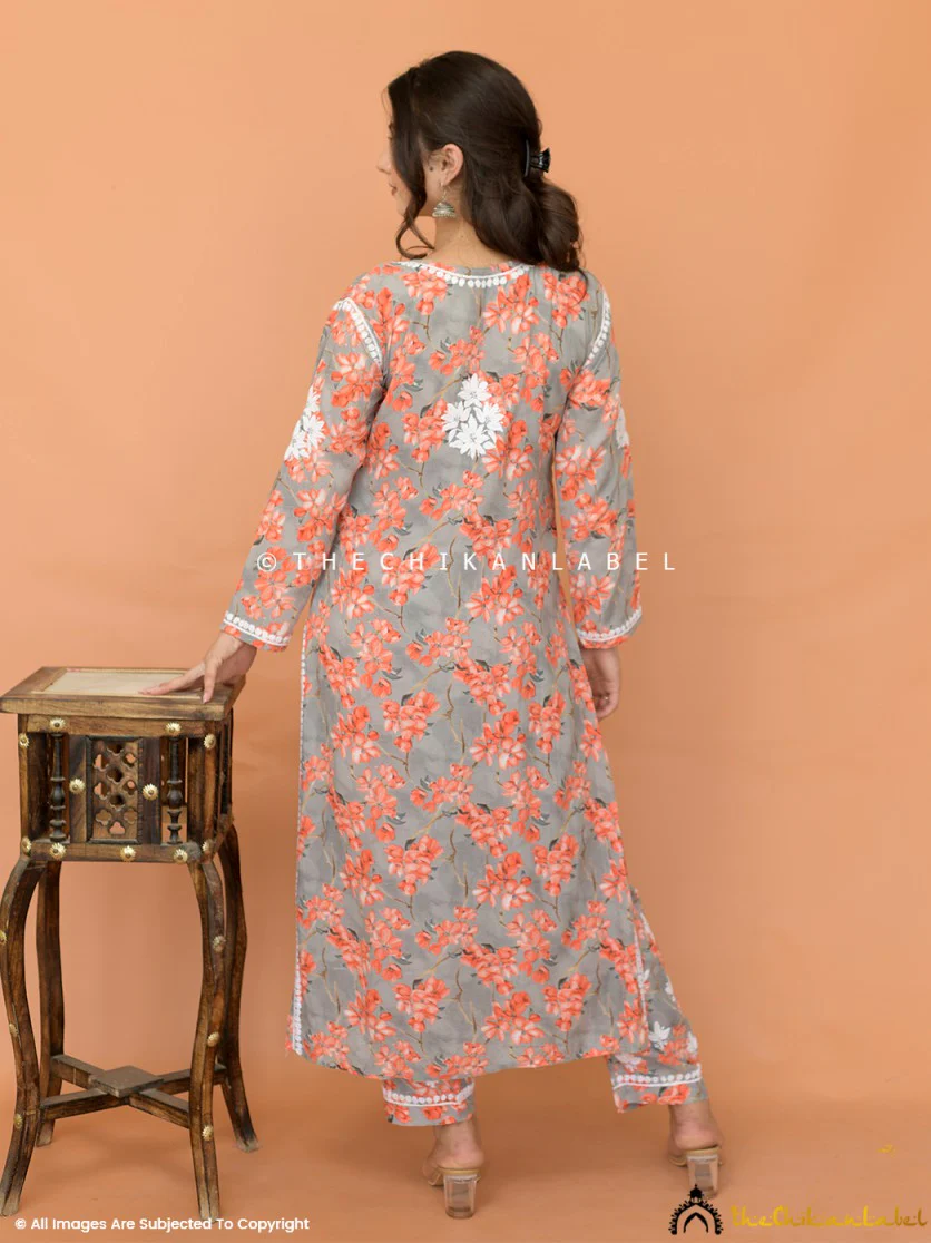 Nyra Modal Chikankari Kurta Set - Orange - Image 3