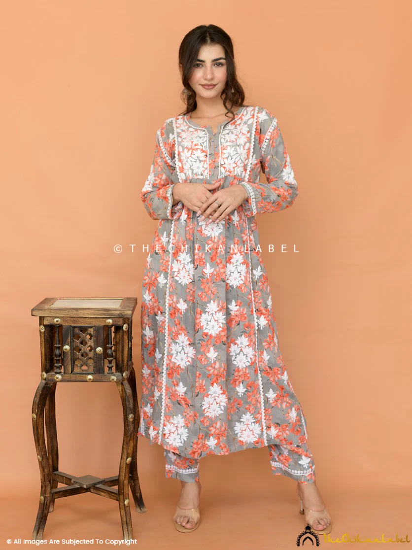 Nyra Modal Chikankari Kurta Set - Orange - Image 4