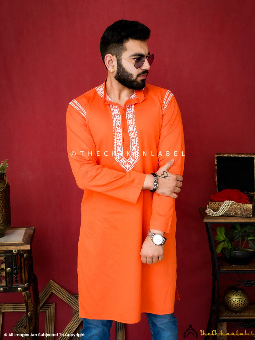 Orange Uman Cotton Chikankari Men's Kurta - Image 2