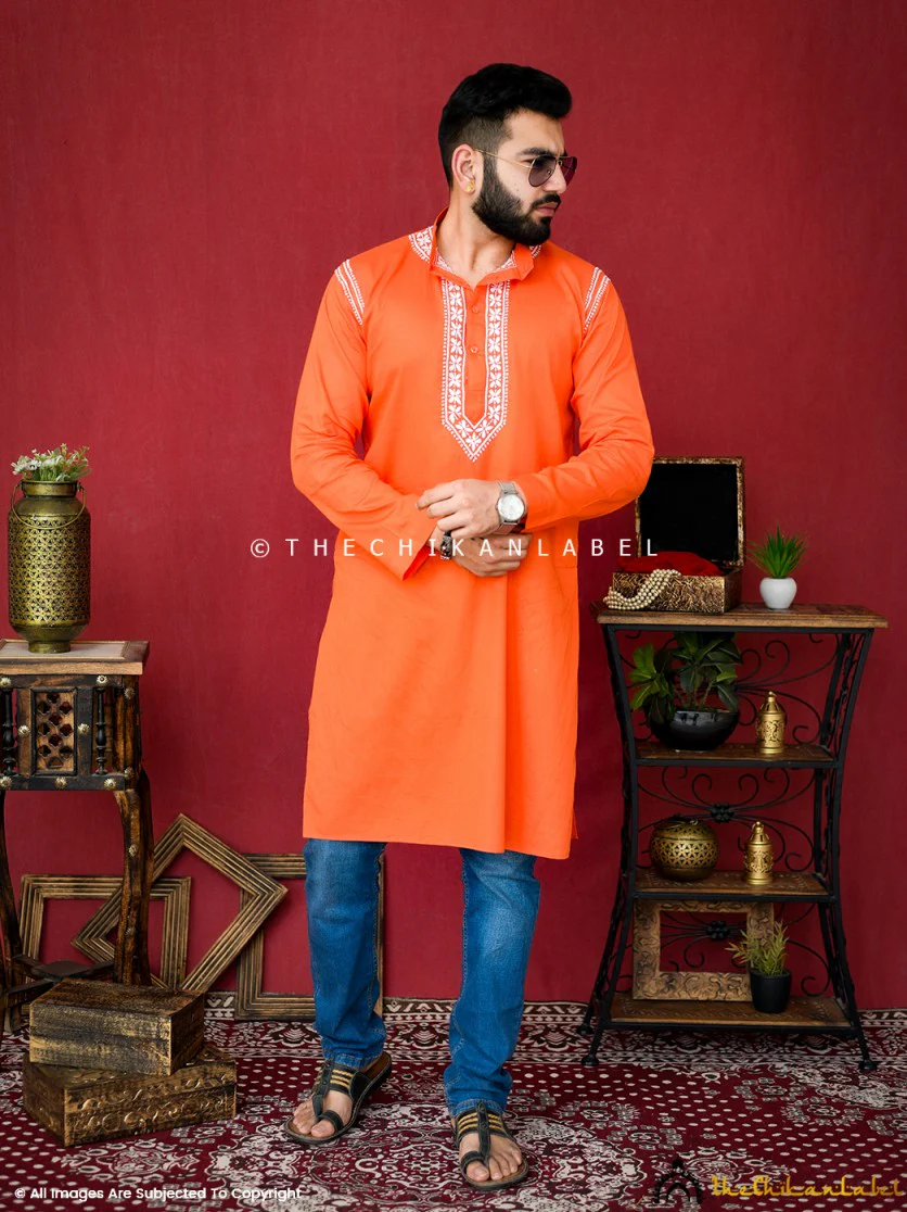 Orange Uman Cotton Chikankari Men's Kurta - Image 3