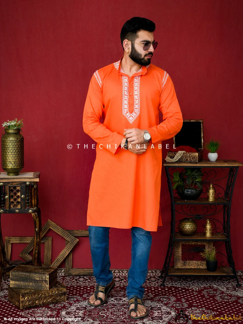 Orange Uman Cotton Chikankari Men's Kurta - Image 4