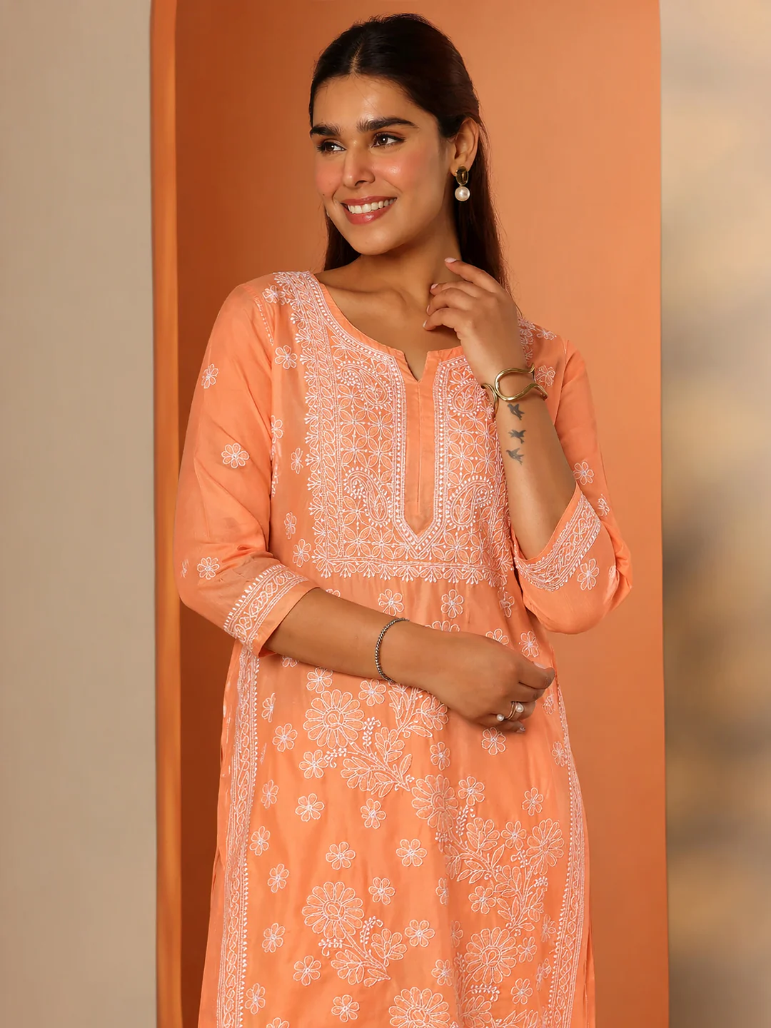 Orange Vira Cotton Chikankari Straight Kurti with inner - Image 2
