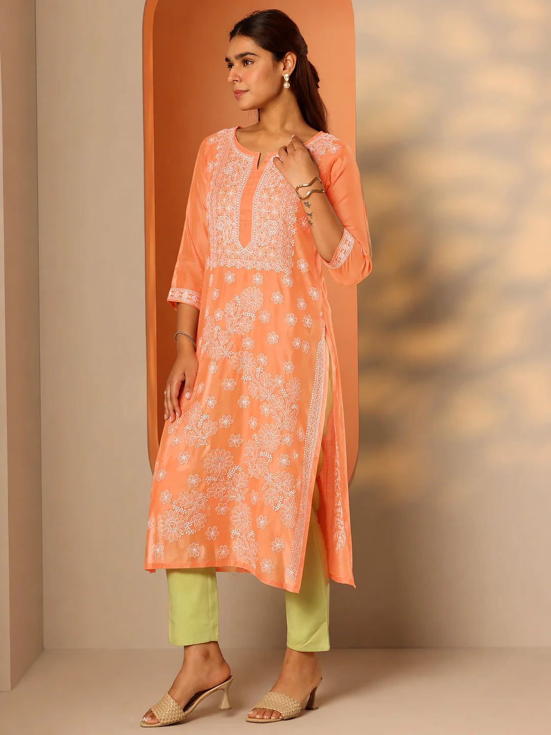 Orange Vira Cotton Chikankari Straight Kurti with inner - Image 4