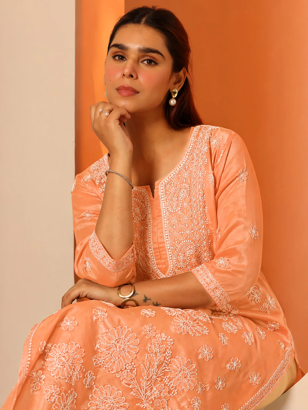 Orange Vira Cotton Chikankari Straight Kurti with inner - Image 5