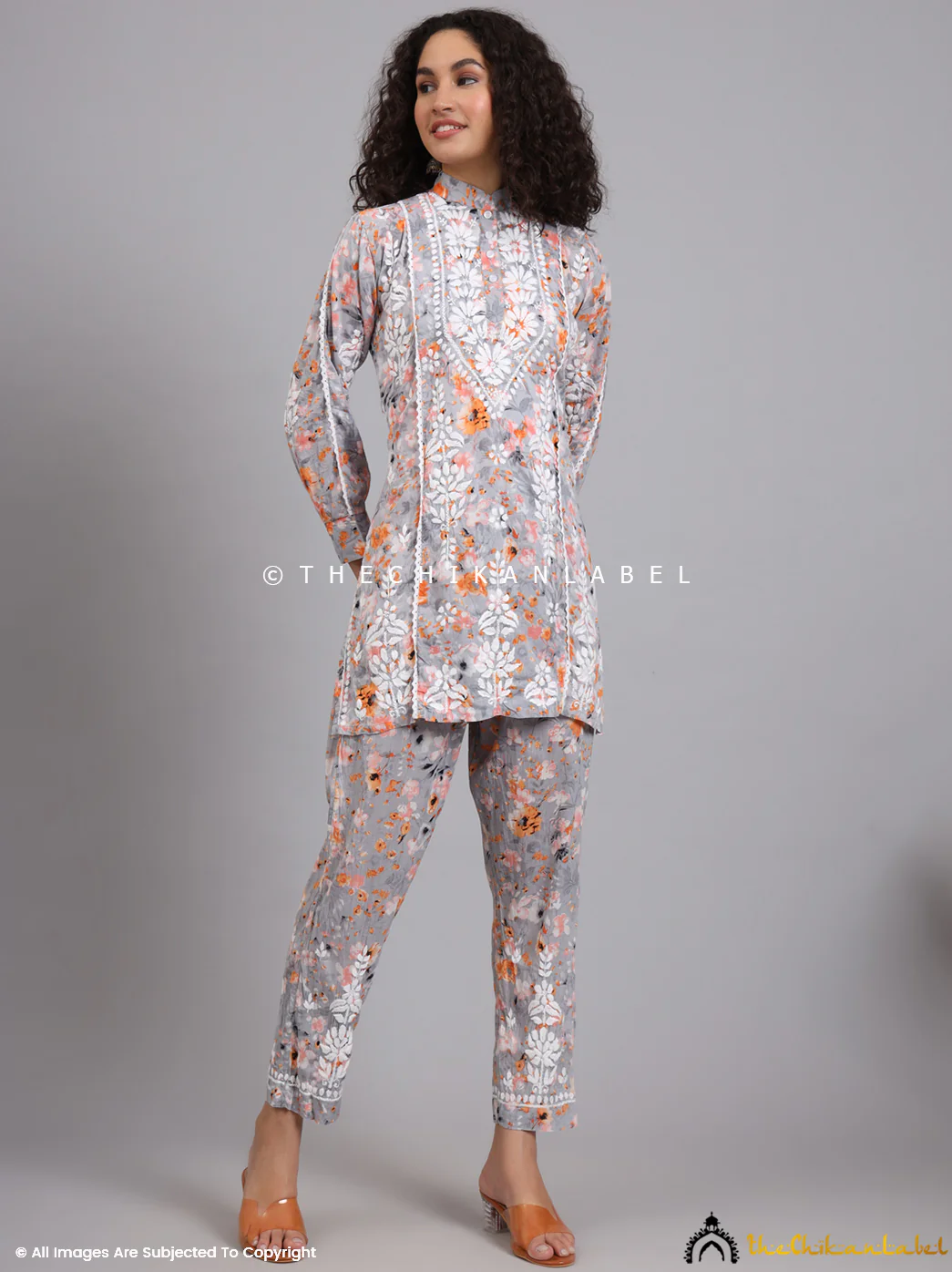 Yashi Mulmul Printed Chikankari Co-ord Set - Orange