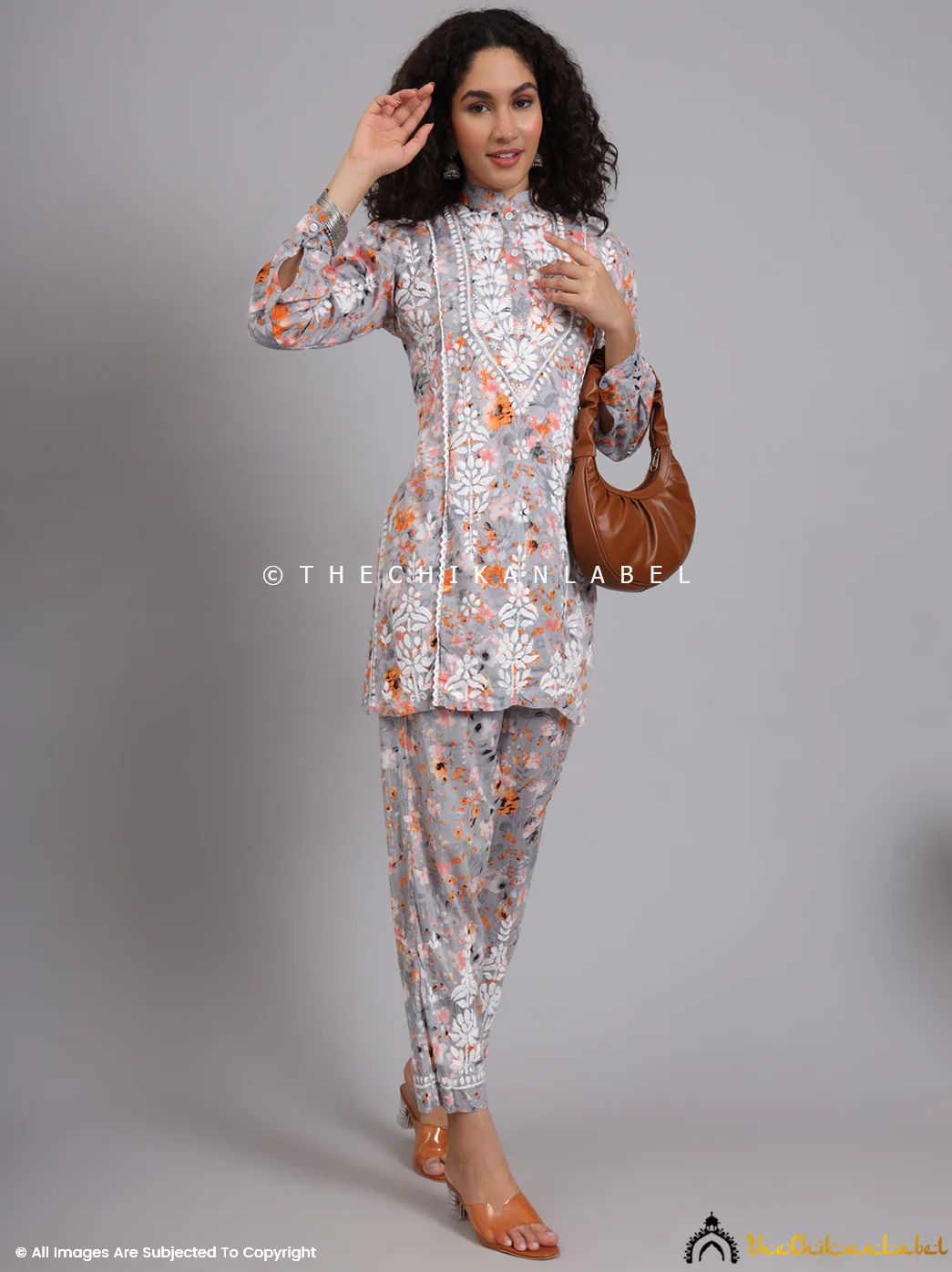 Yashi Mulmul Printed Chikankari Co-ord Set - Orange - Image 5