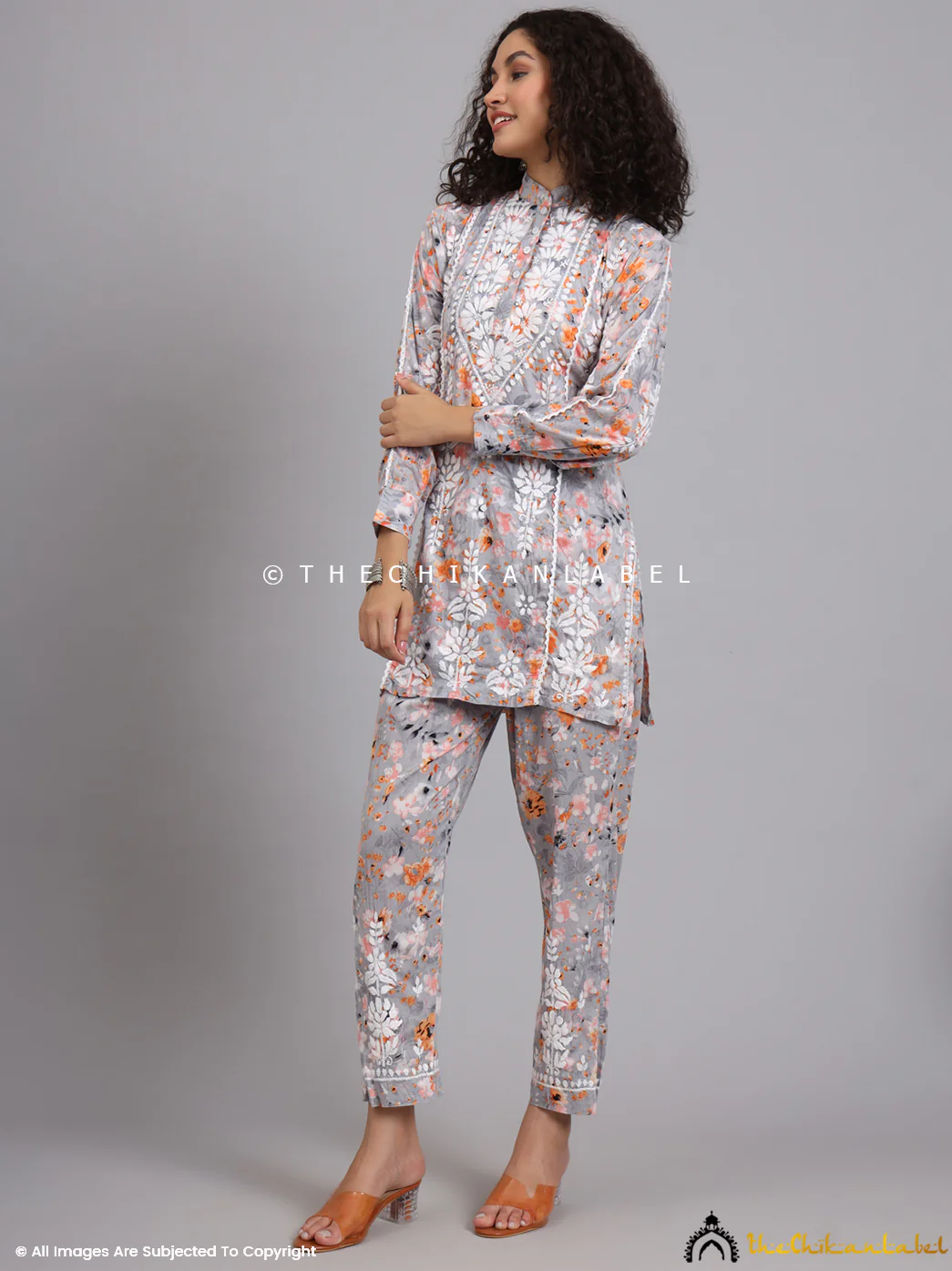 Yashi Mulmul Printed Chikankari Co-ord Set - Orange - Image 6