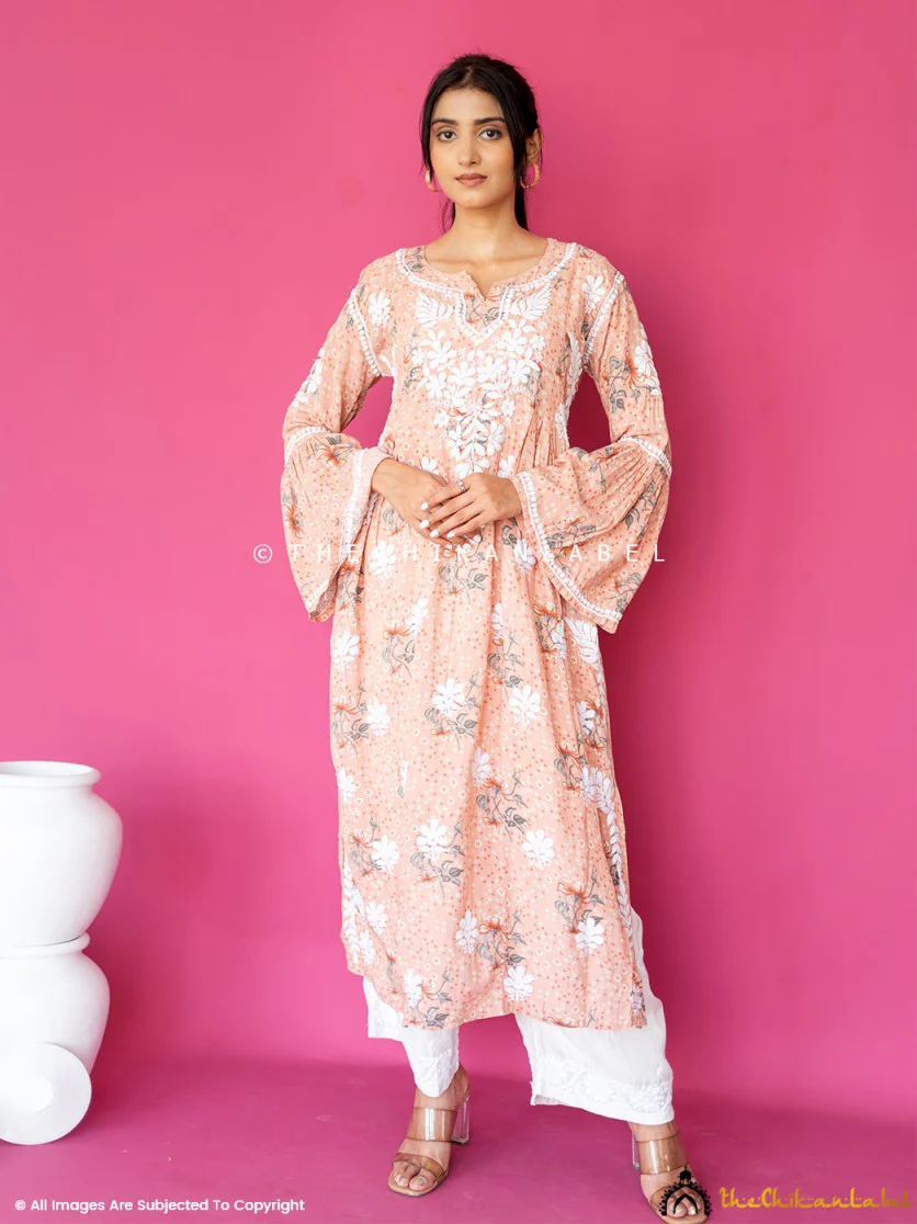 Zoha Mulmul Cotton Chikankari A-Line Kurti - Orange - Image 10