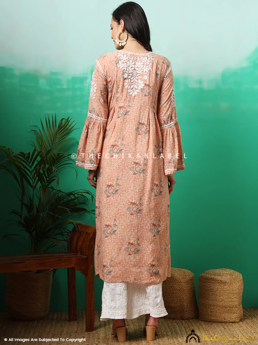 Zoha Mulmul Cotton Chikankari A-Line Kurti - Orange - Image 3