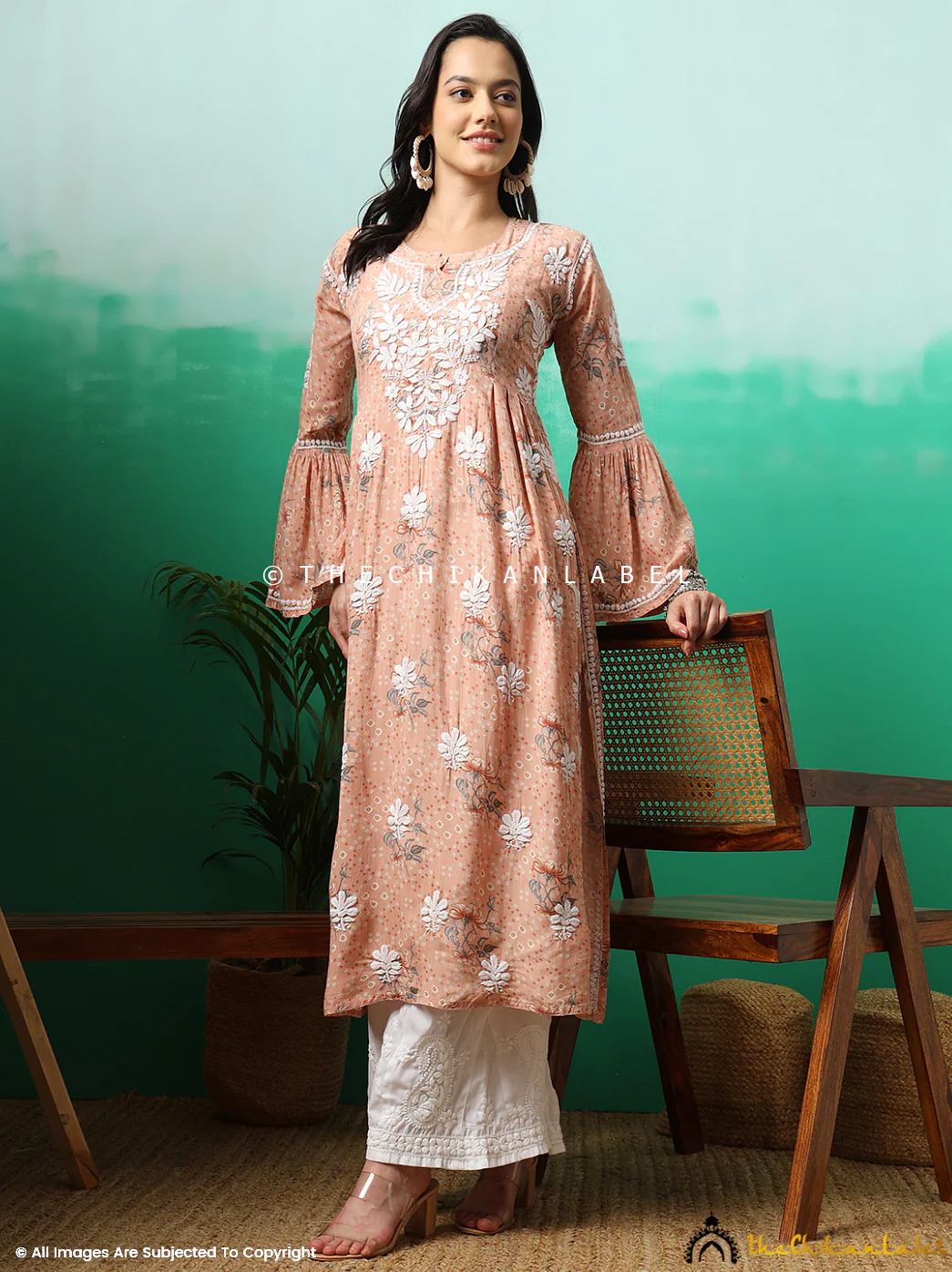Zoha Mulmul Cotton Chikankari A-Line Kurti - Orange - Image 4