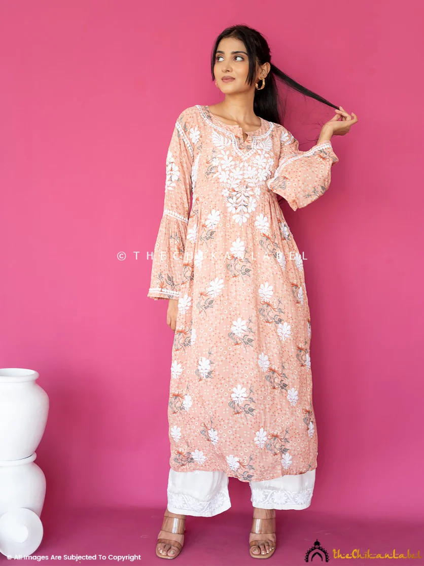 Zoha Mulmul Cotton Chikankari A-Line Kurti - Orange - Image 6
