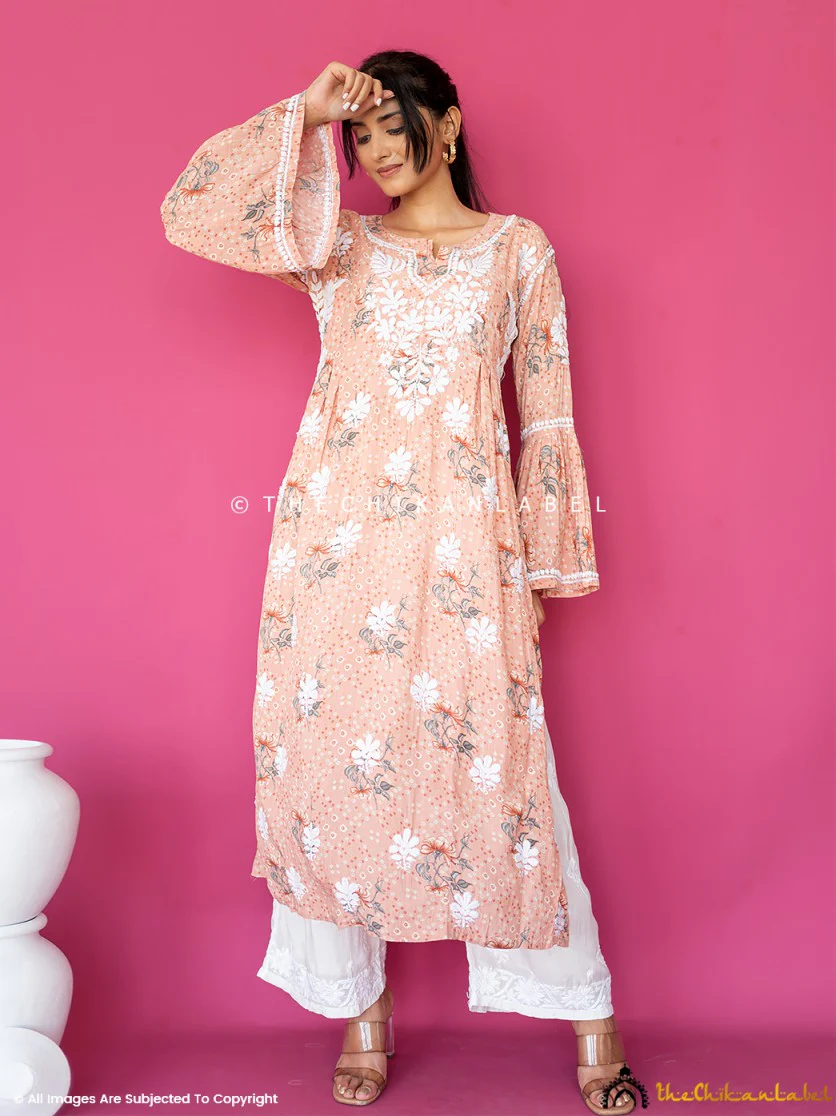 Zoha Mulmul Cotton Chikankari A-Line Kurti - Orange - Image 9
