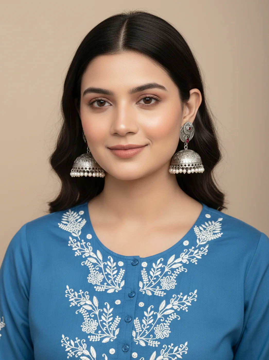 Oxidized Handcrafted Red Kundan Jhumka Earring with Pearl - Image 5