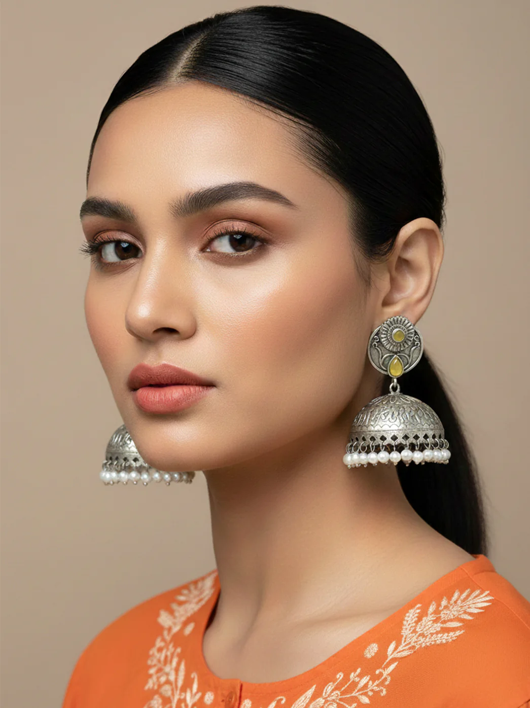 Oxidized Handcrafted Yellow Kundan Jhumka Earring with Pearl - Image 4
