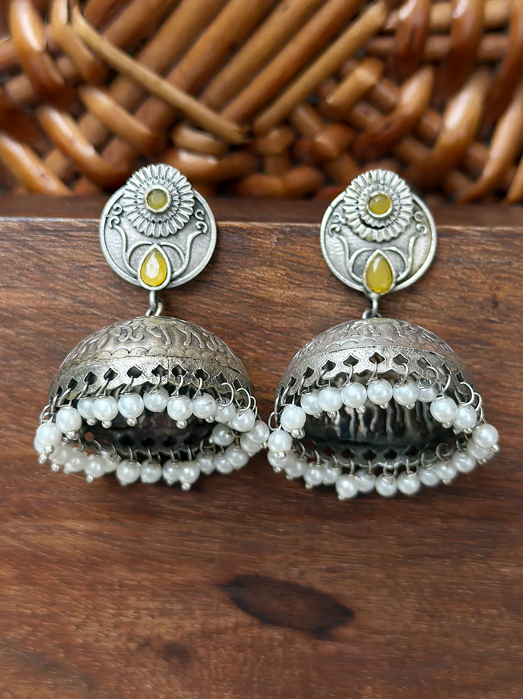 Oxidized Handcrafted Yellow Kundan Jhumka Earring with Pearl - Image 5