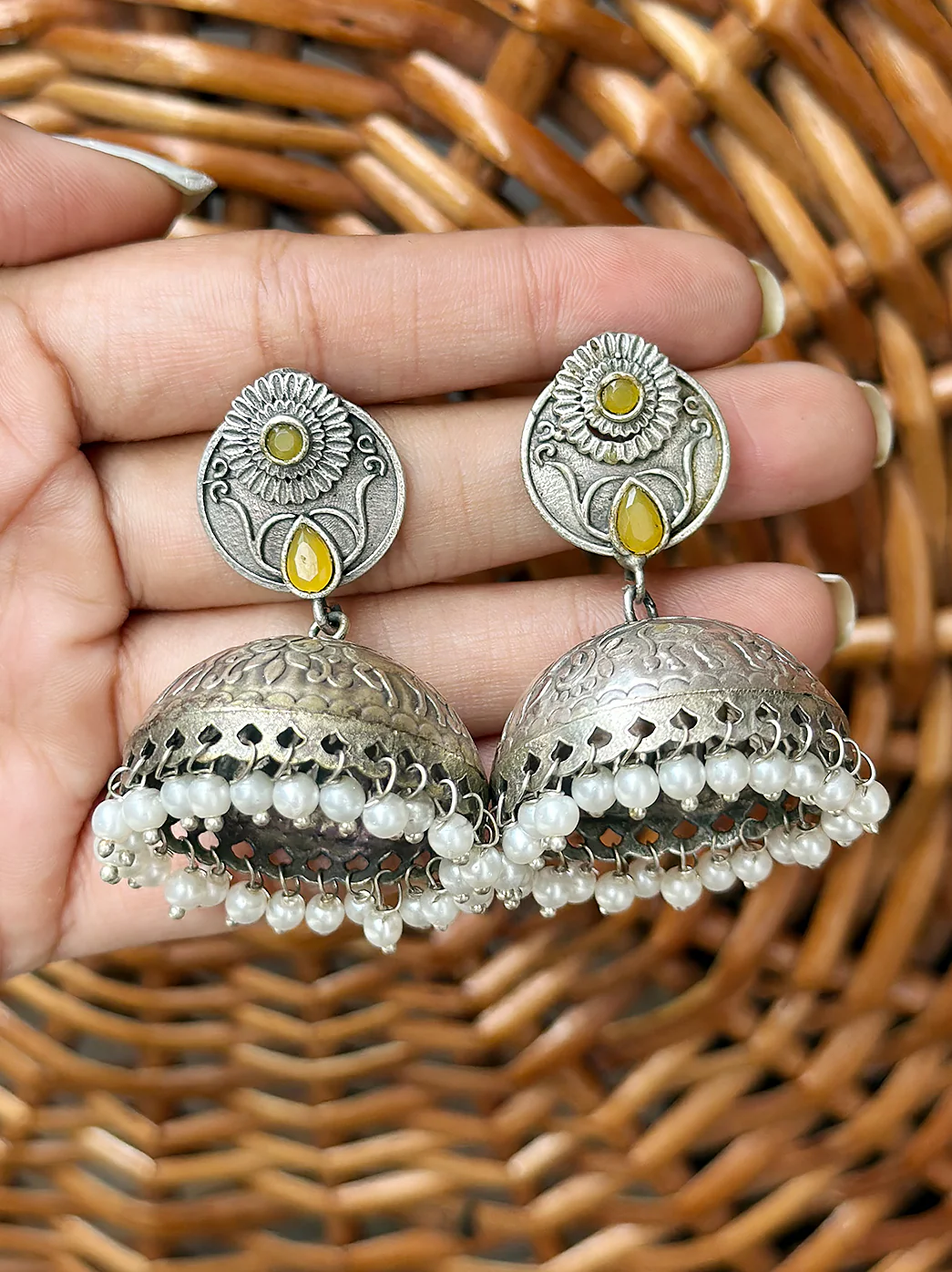 Oxidized Handcrafted Yellow Kundan Jhumka Earring with Pearl - Image 6