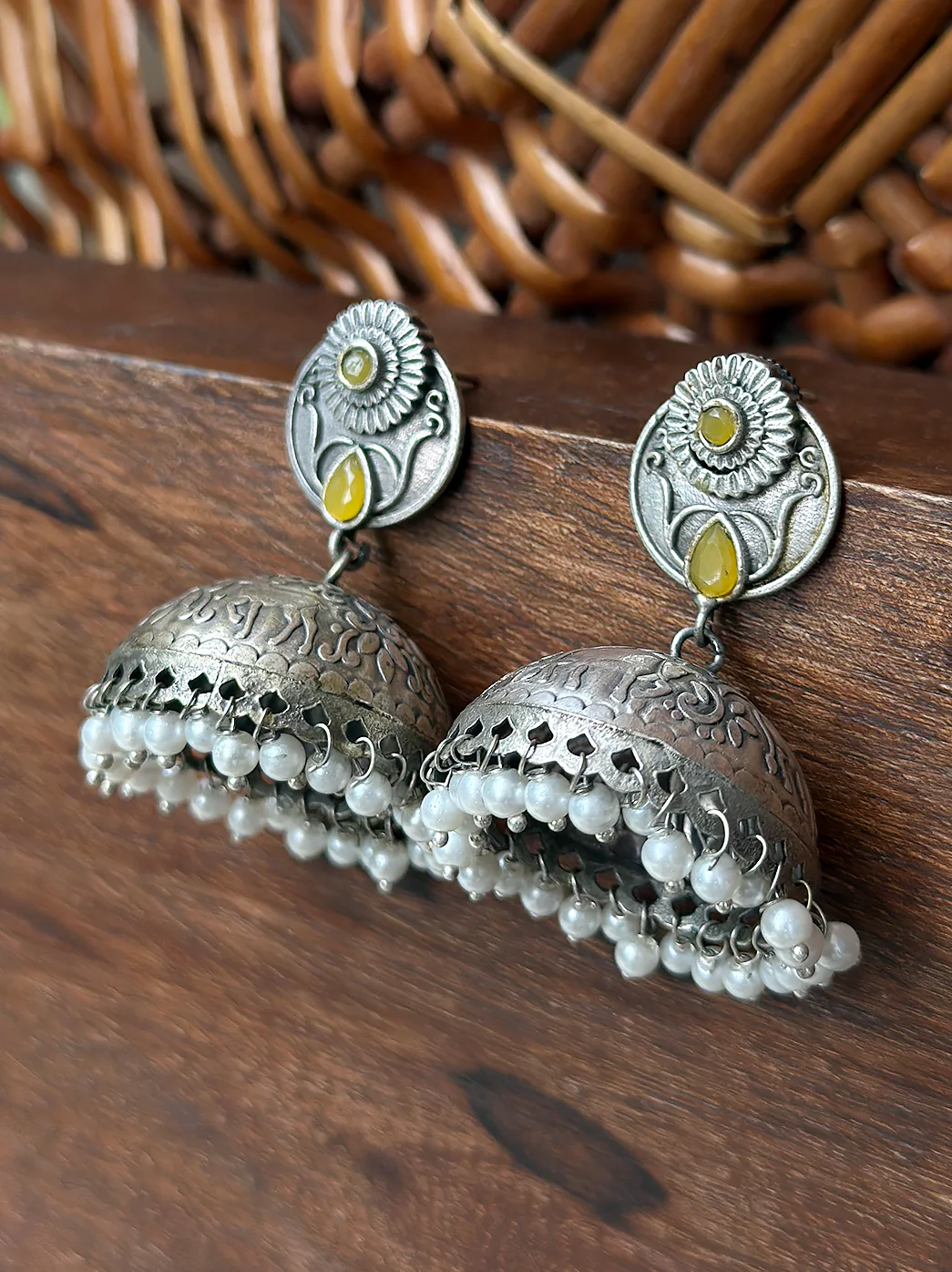 Oxidized Handcrafted Yellow Kundan Jhumka Earring with Pearl - Image 7