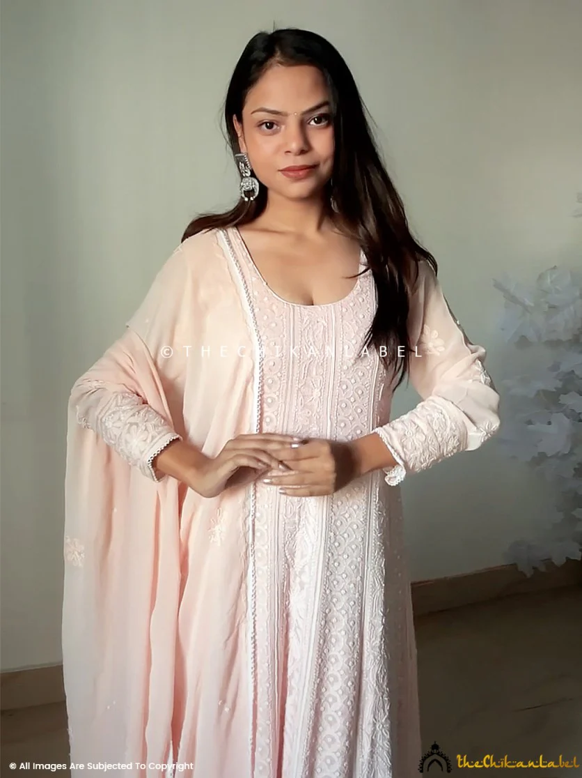 Pastel Peach Aks Viscose Chikankari Anarkali