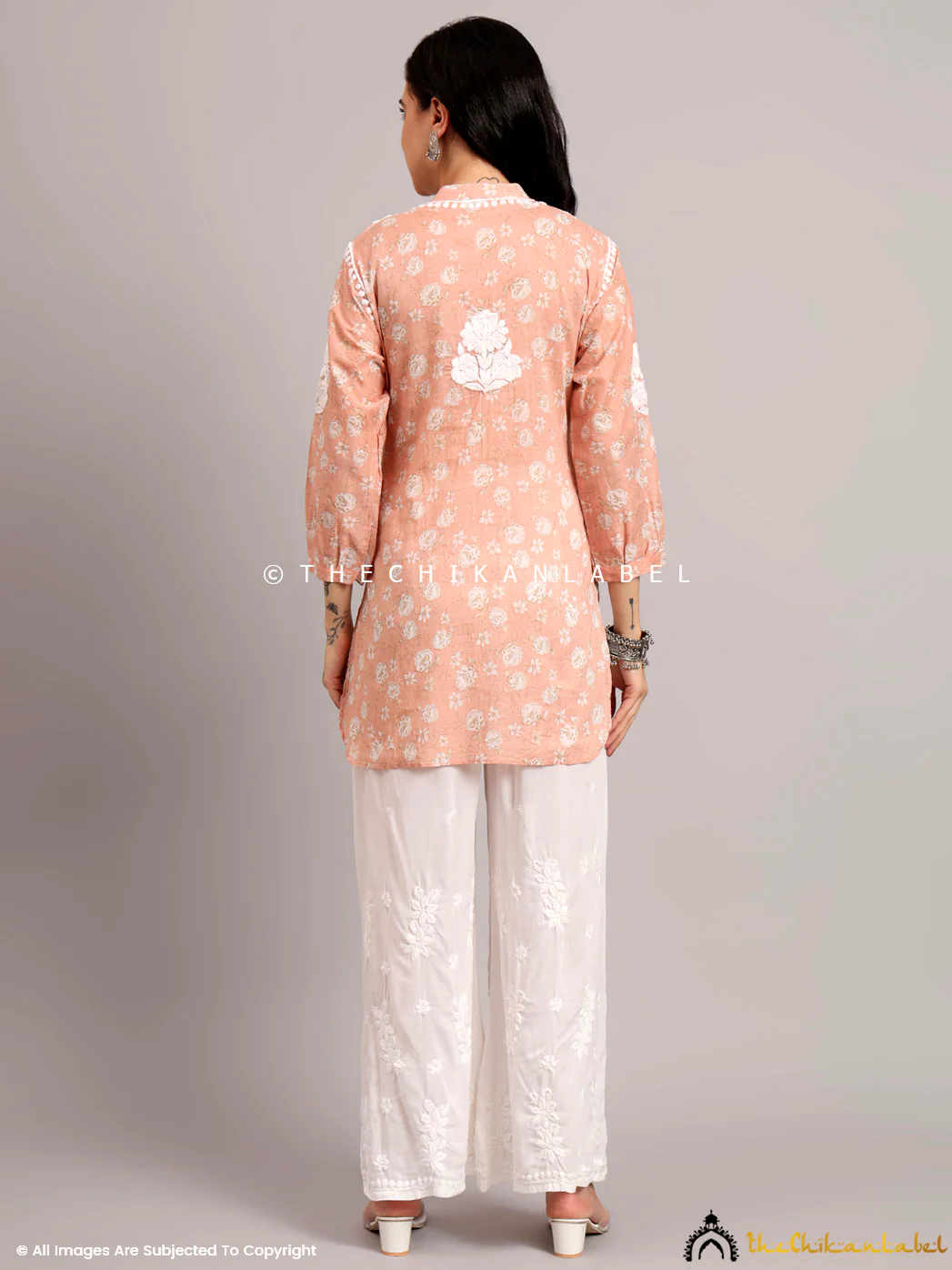 Aarini Mulmul Printed Chikankari Short Kurta - Peach - Image 3