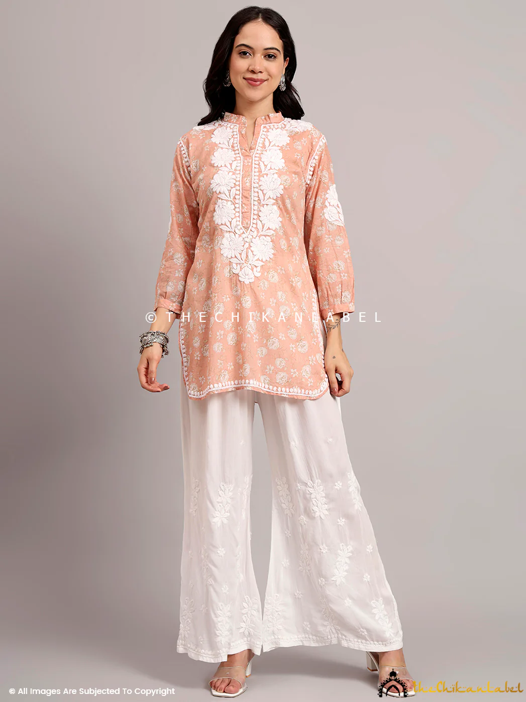 Aarini Mulmul Printed Chikankari Short Kurta - Peach - Image 4