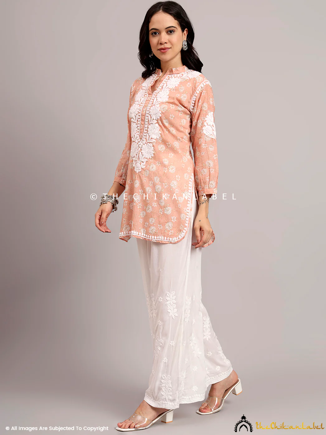 Aarini Mulmul Printed Chikankari Short Kurta - Peach - Image 5