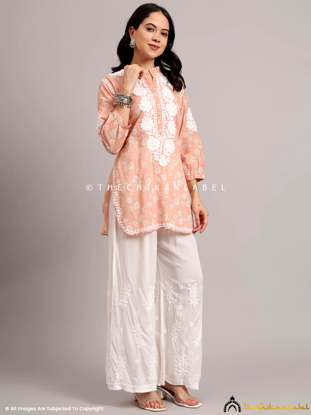 Aarini Mulmul Printed Chikankari Short Kurta - Peach - Image 6
