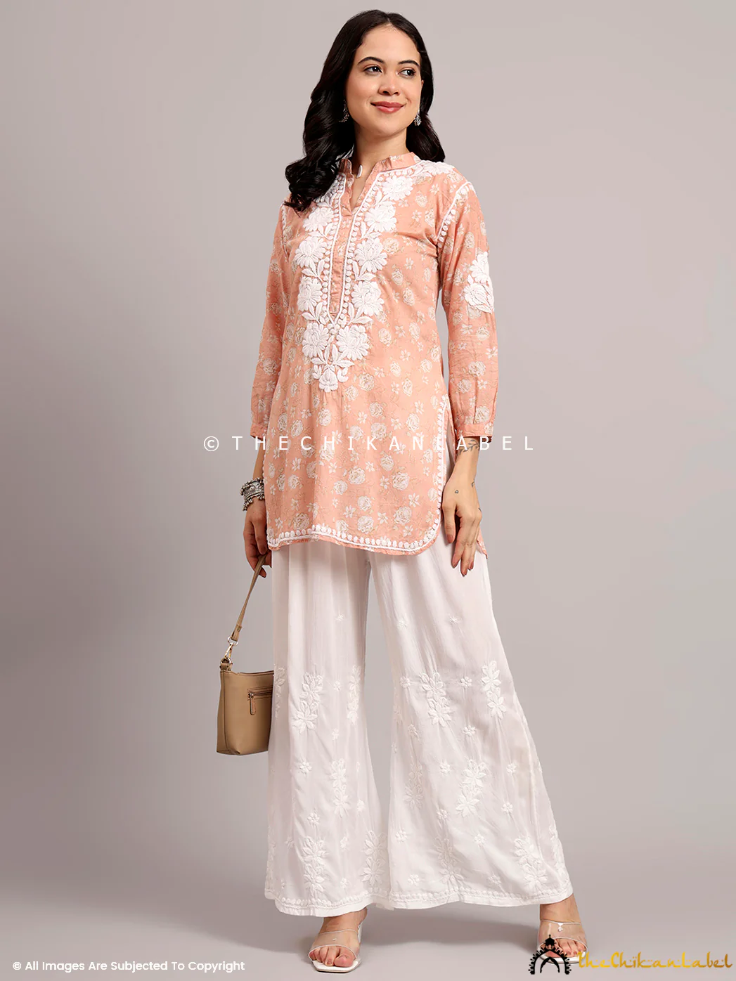 Aarini Mulmul Printed Chikankari Short Kurta - Peach - Image 7