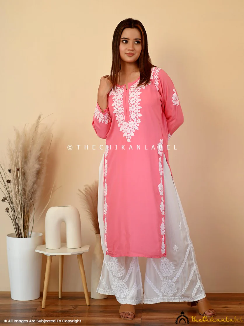 Aisha Rayon Chikankari Straight Kurti -Peach - Image 2
