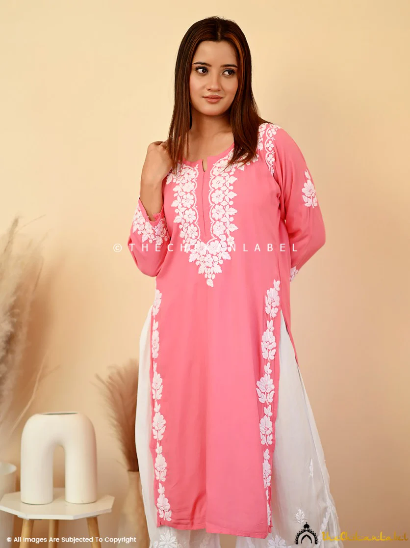 Aisha Rayon Chikankari Straight Kurti -Peach - Image 3