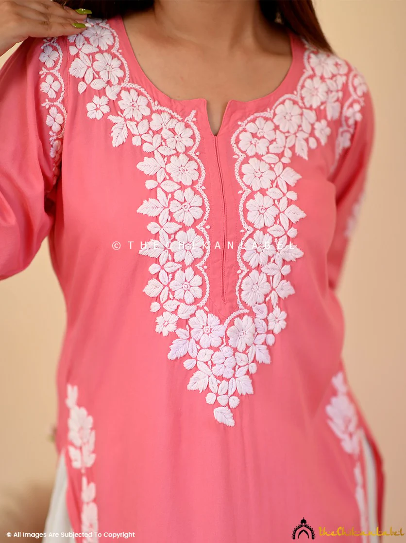 Aisha Rayon Chikankari Straight Kurti -Peach - Image 4