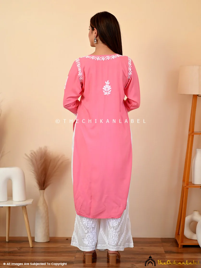 Aisha Rayon Chikankari Straight Kurti -Peach - Image 5