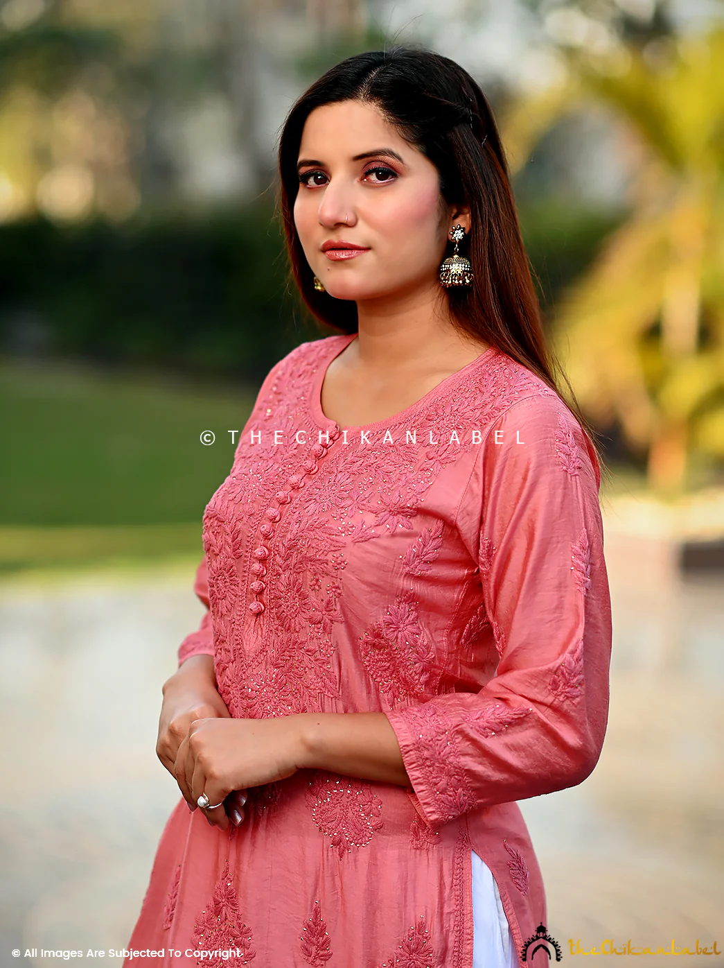 Aniya Chanderi Chikankari Straight Kurti - Peach - Image 2