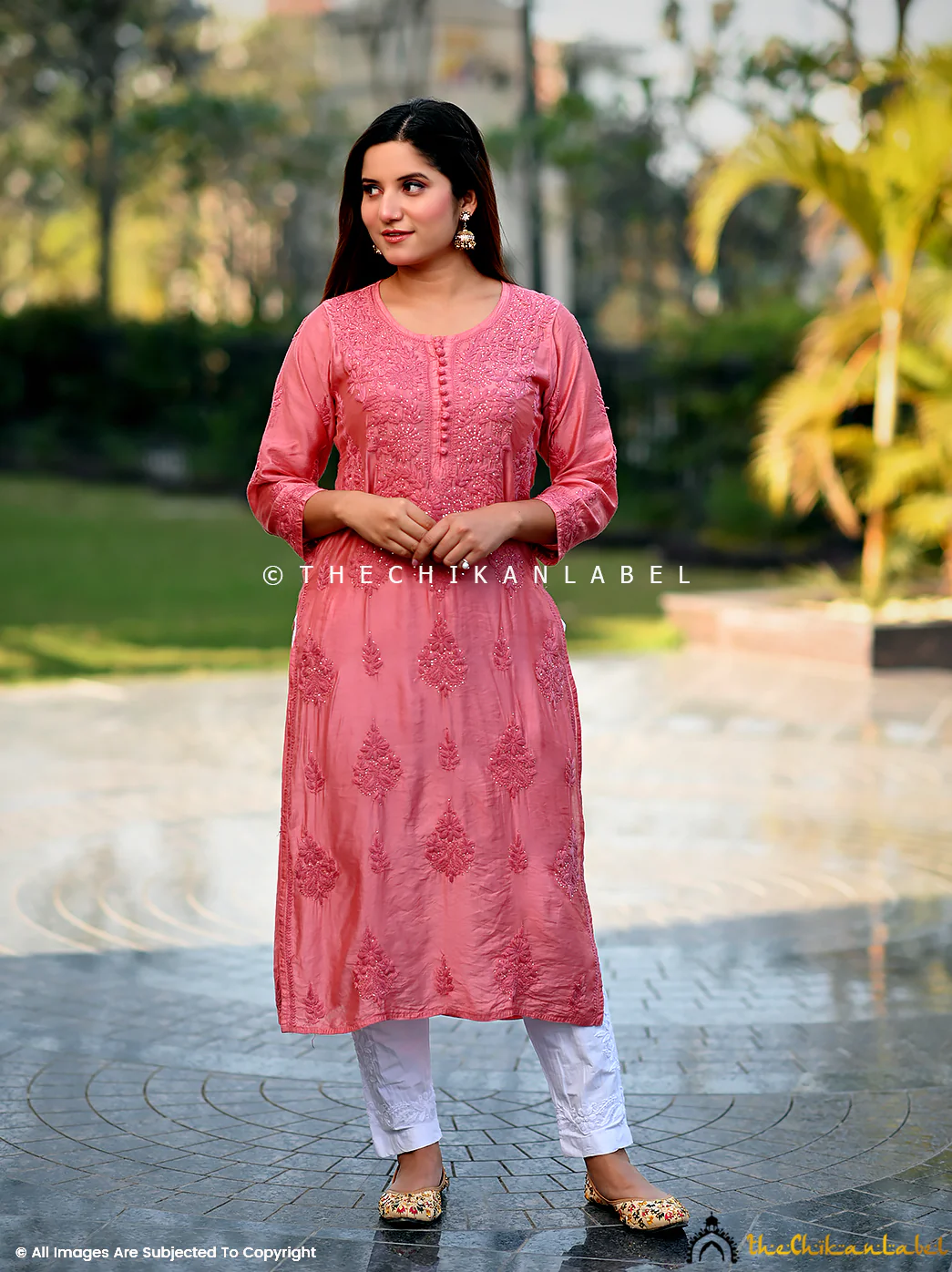 Aniya Chanderi Chikankari Straight Kurti - Peach - Image 3