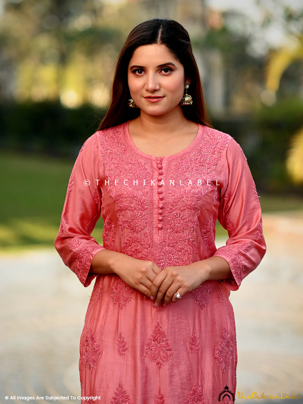 Aniya Chanderi Chikankari Straight Kurti - Peach - Image 4