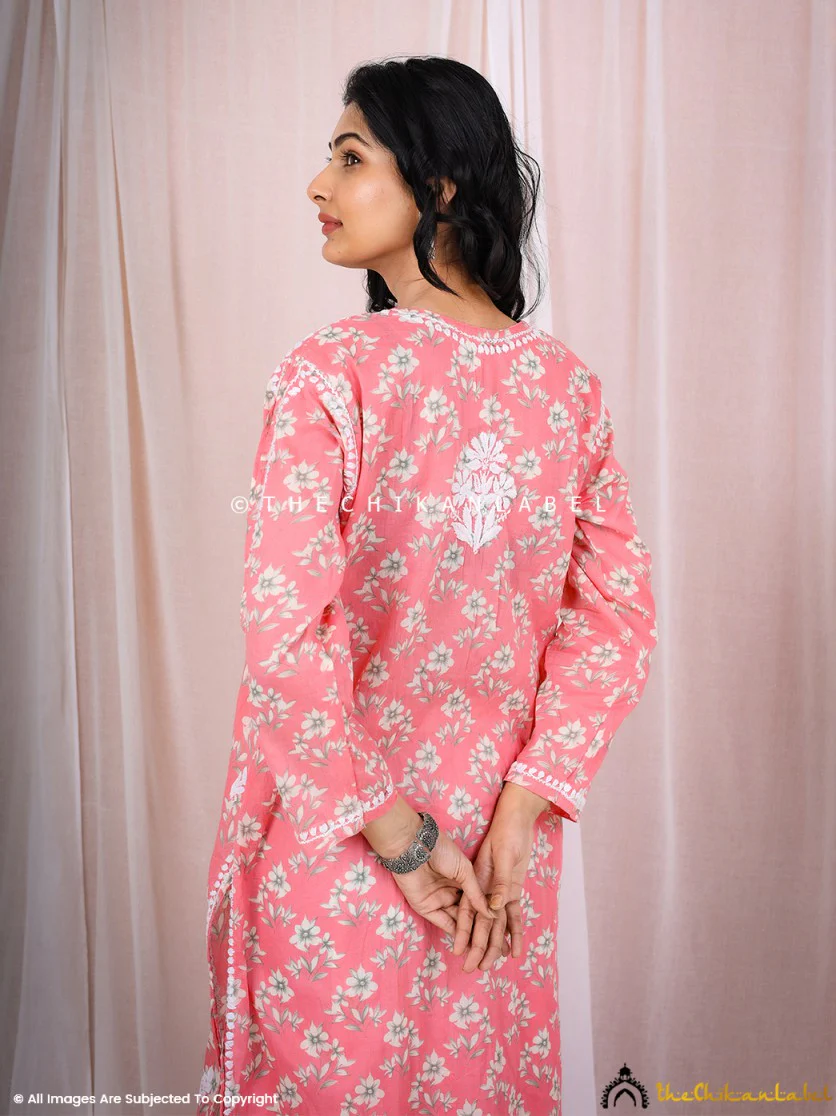 Arisha Mulmul Chikankari Printed Straight Kurti -Peach - Image 3
