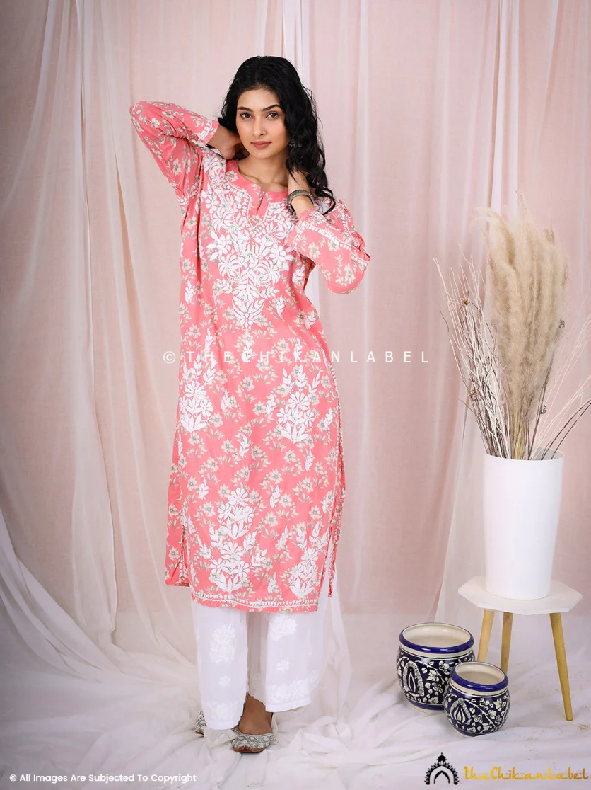 Arisha Mulmul Chikankari Printed Straight Kurti -Peach - Image 4