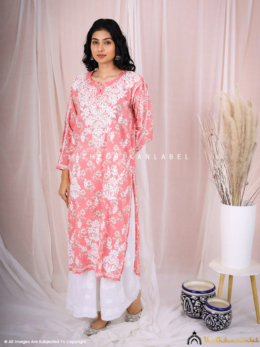 Arisha Mulmul Chikankari Printed Straight Kurti -Peach - Image 5