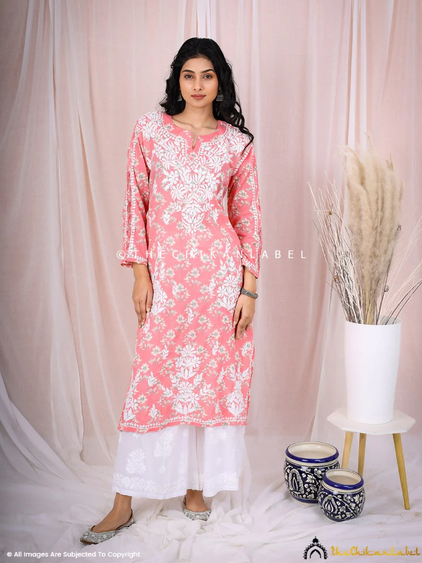 Arisha Mulmul Chikankari Printed Straight Kurti -Peach - Image 6