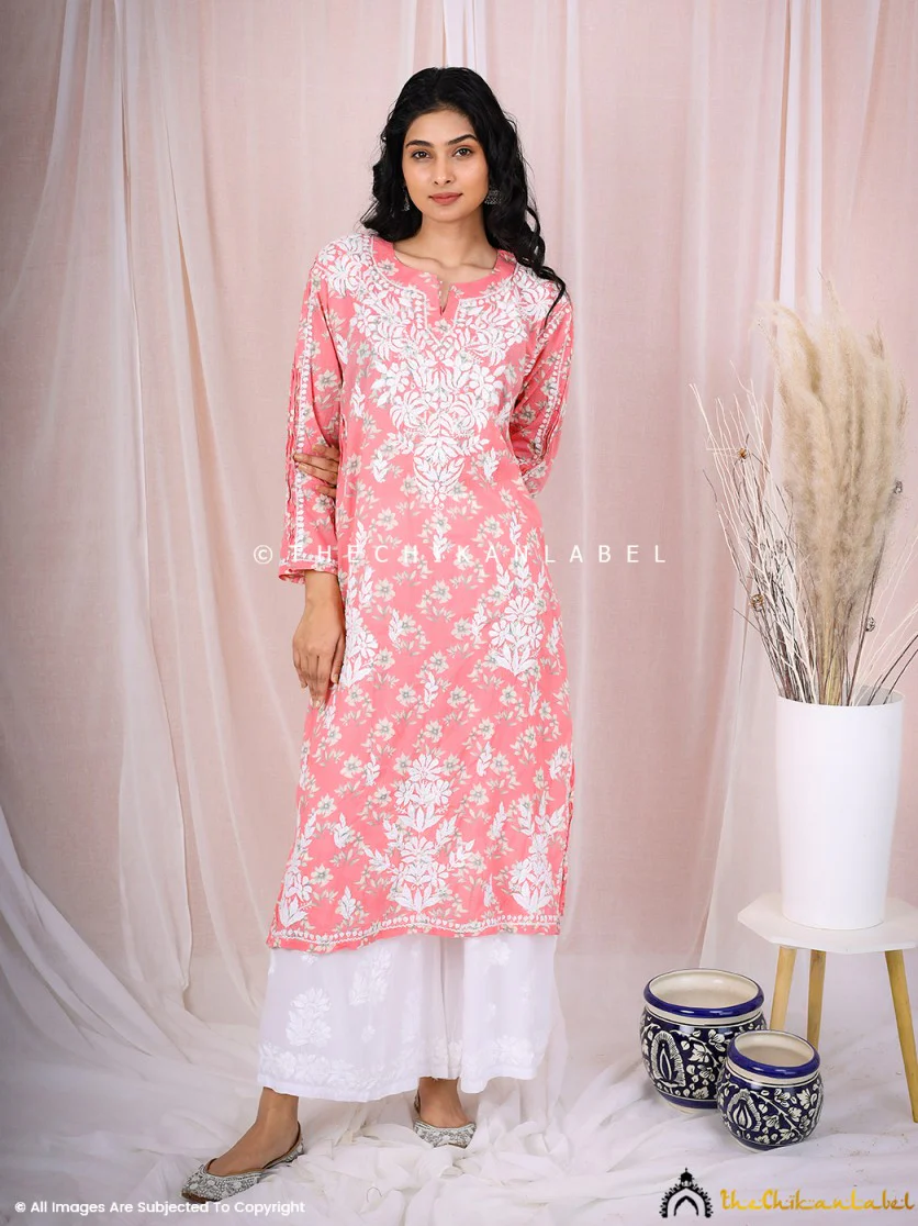 Arisha Mulmul Chikankari Printed Straight Kurti -Peach - Image 7