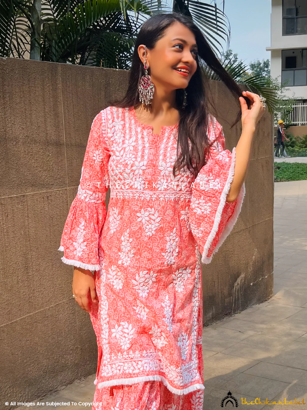 Bandhani Mulmul Cotton Chikankari Kurta Set  - Peach - Image 2