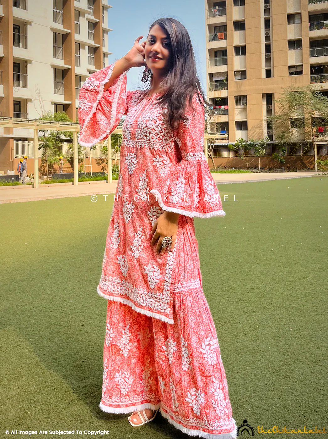 Bandhani Mulmul Cotton Chikankari Kurta Set  - Peach - Image 3