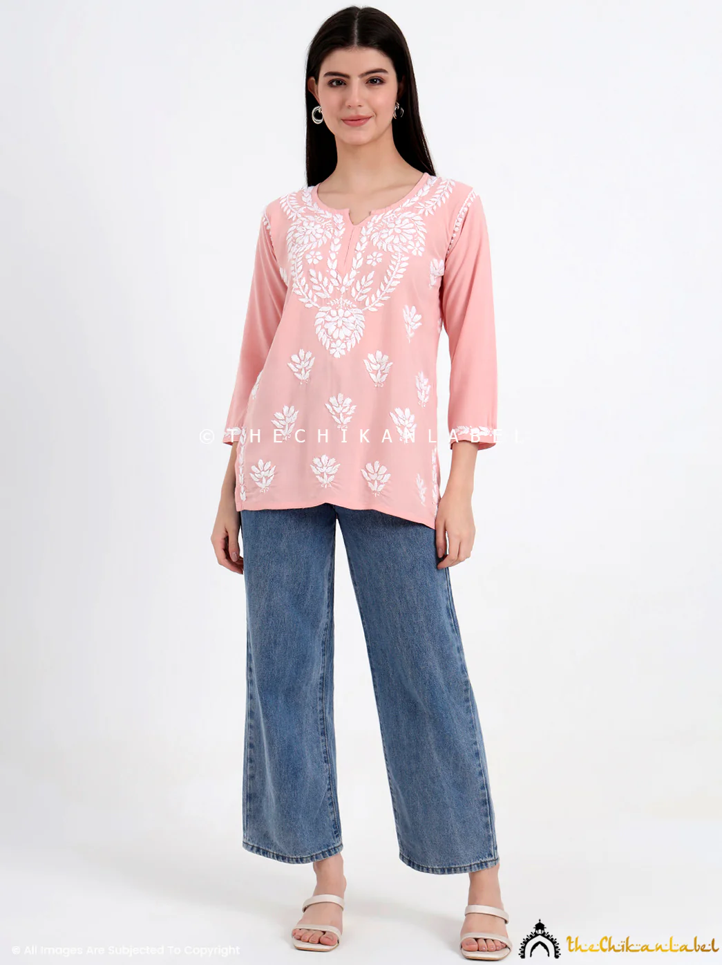 Chahat Rayon Chikankari Short Top - Peach - Image 4
