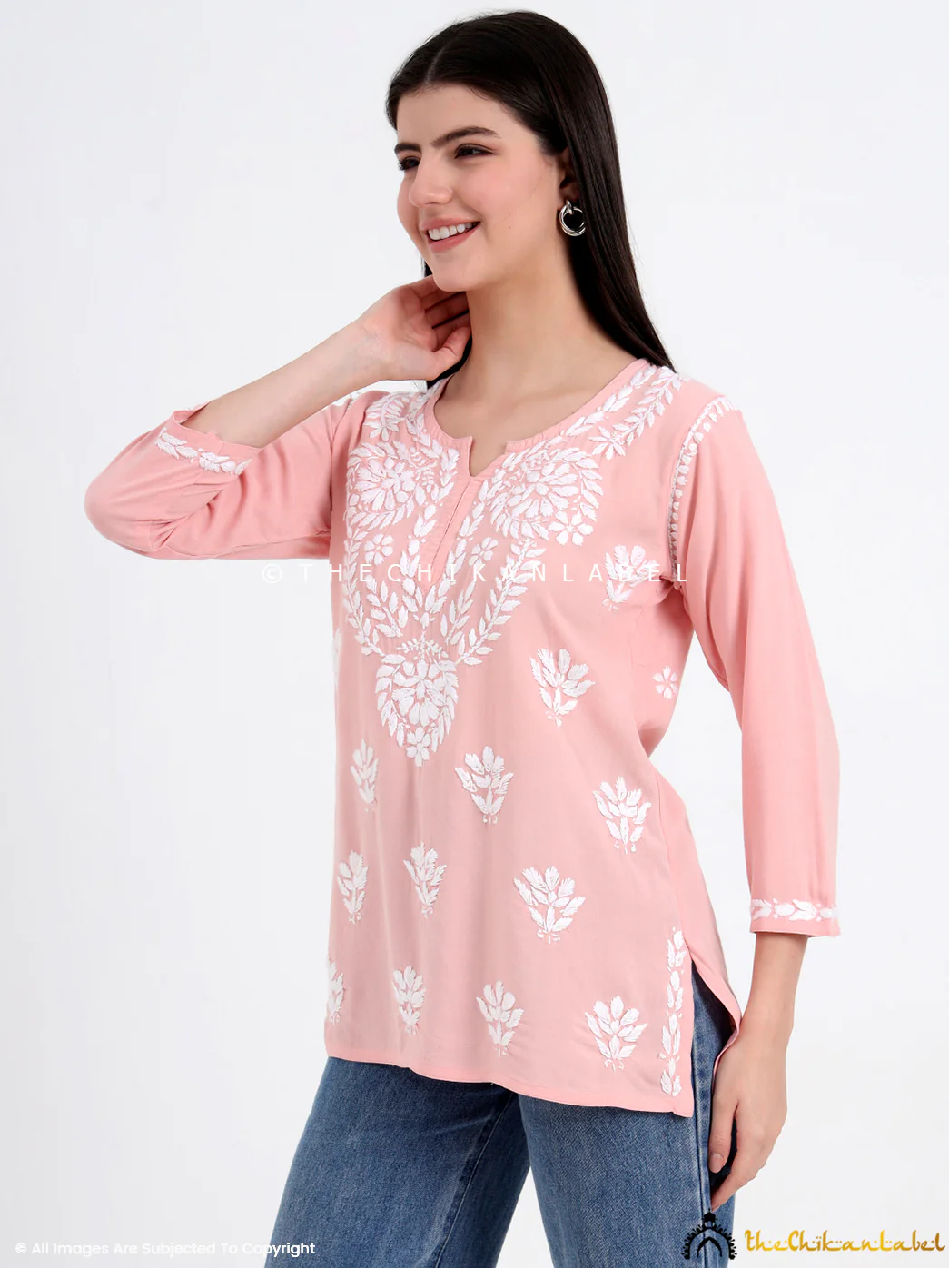 Chahat Rayon Chikankari Short Top - Peach - Image 5