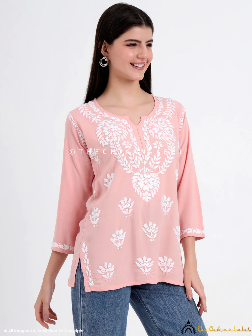Chahat Rayon Chikankari Short Top - Peach - Image 6